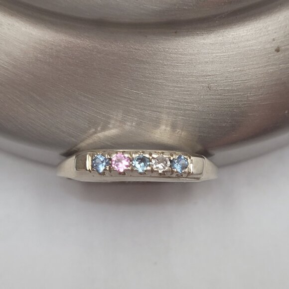 Vintage Jewelry - White Gold 14k Multi Color Stone Wedding Band, Mothers Ring 5 Gemstones